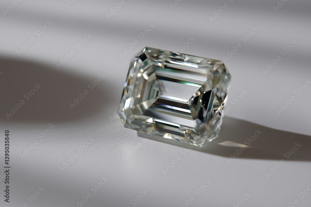 Close-up of emerald-cut diamond on gray surface, showcasing facets and light reflections, symbolizing luxury, brilliance, and preciousness Close-up of emerald-cut diamond on gray surface, showcasing facets and light reflections, symbolizing luxury, brilliance, and preciousness