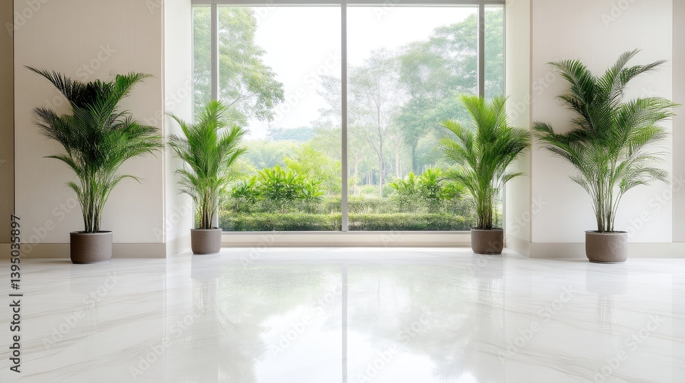 Fototapeta premium Palm Plants near Window Minimalist Bright Lighting Wide Shot Gray Pots Peaceful Setting Bright Sunlight Clean Modern Design Ideal for Interior Design Blogs