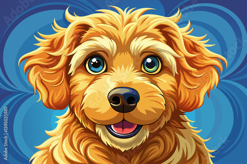 vector of A fluffy golden retriever puppy stares with bright, expressive eyes and shows off his curly coat. This moment radiates warmth and happiness and embodies faithful friendship and attraction