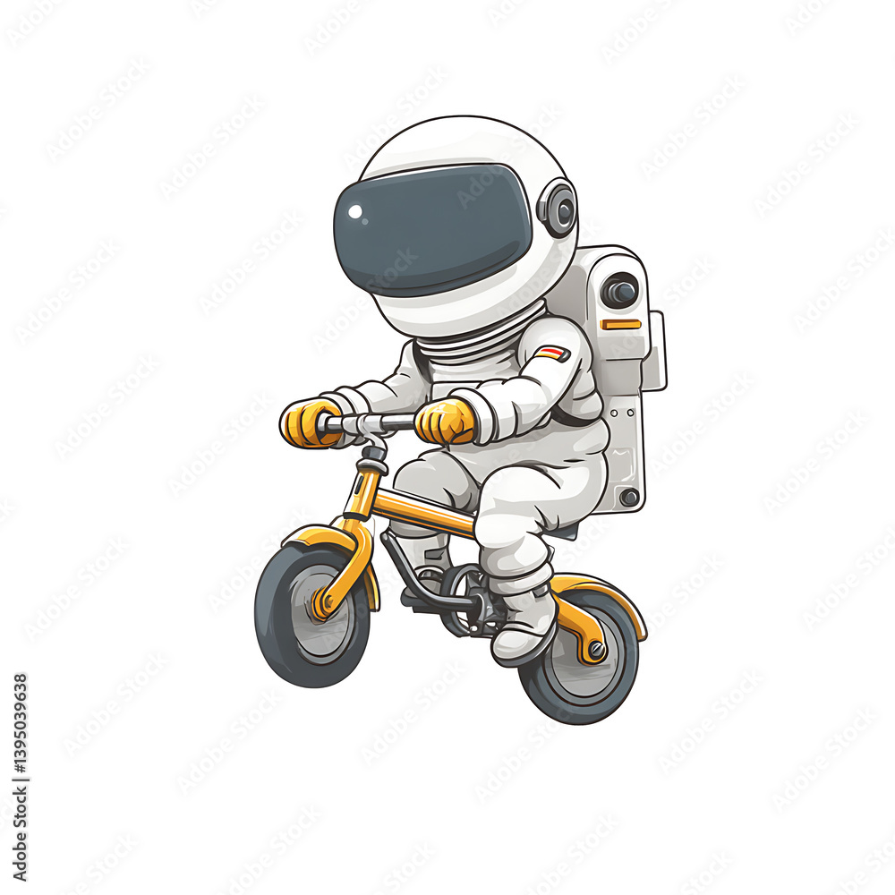 An astronaut in a white spacesuit is riding a small yellow tricycle, seemingly floating on an unseen planet with a comedic, whimsical style. An astronaut in a white spacesuit is riding a small yellow tricycle, seemingly floating on an unseen planet with a comedic, whimsical style.