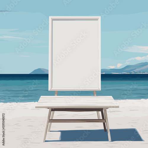 Blank White Frame on Wooden Easel at Sandy Beach with Ocean View