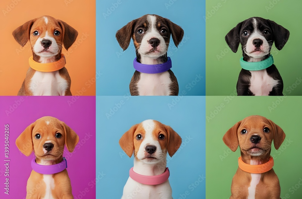 Six puppies with collars against colorful backgrounds in a grid arrangement. Six puppies with collars against colorful backgrounds in a grid arrangement.