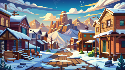 Abandoned western town with snow-covered streets and mountains in the background during winter