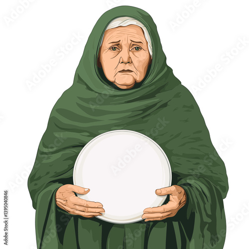 Portrait of Elderly Woman in Green Cloak Holding Empty Plate
