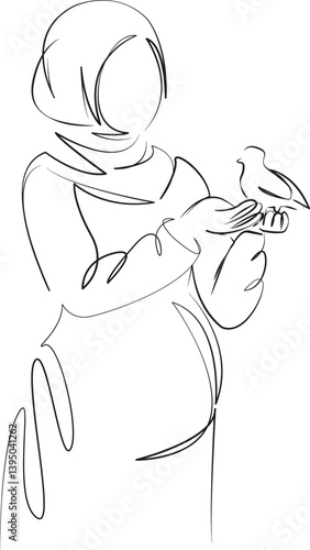 One continuous line art drawing flat illustration pregnant, one person, women, happiness, islam, dove. Isolated image hand draw outline on white background
