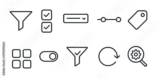 Essential interface icons set: flat style with filter, toggle, search, tag, and more