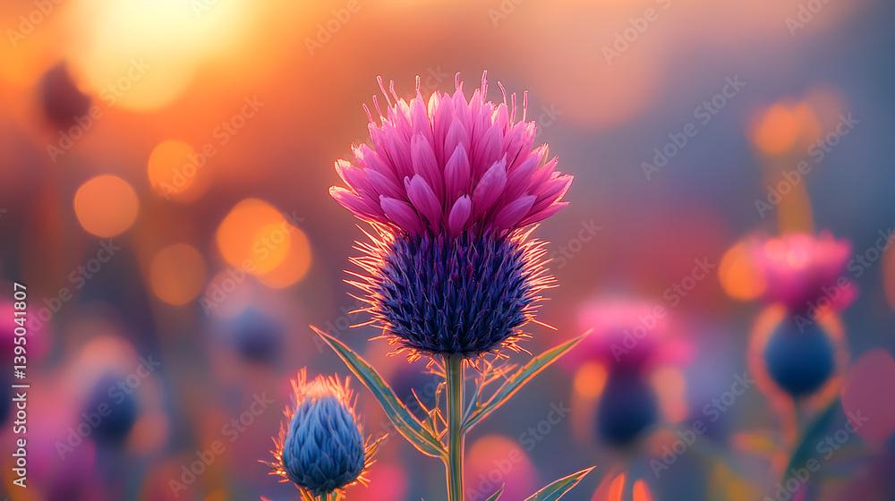 Photography capturing the fine hairs and vibrant purple color of a budding thistle, standing out against the muted tones of the garden background.