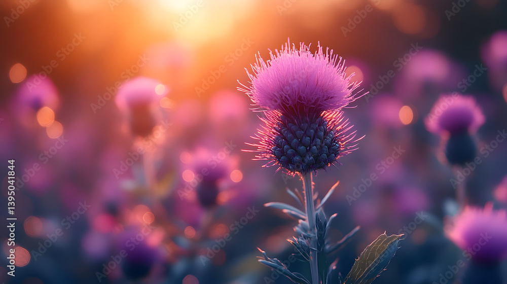 Photography capturing the fine hairs and vibrant purple color of a budding thistle, standing out against the muted tones of the garden background.