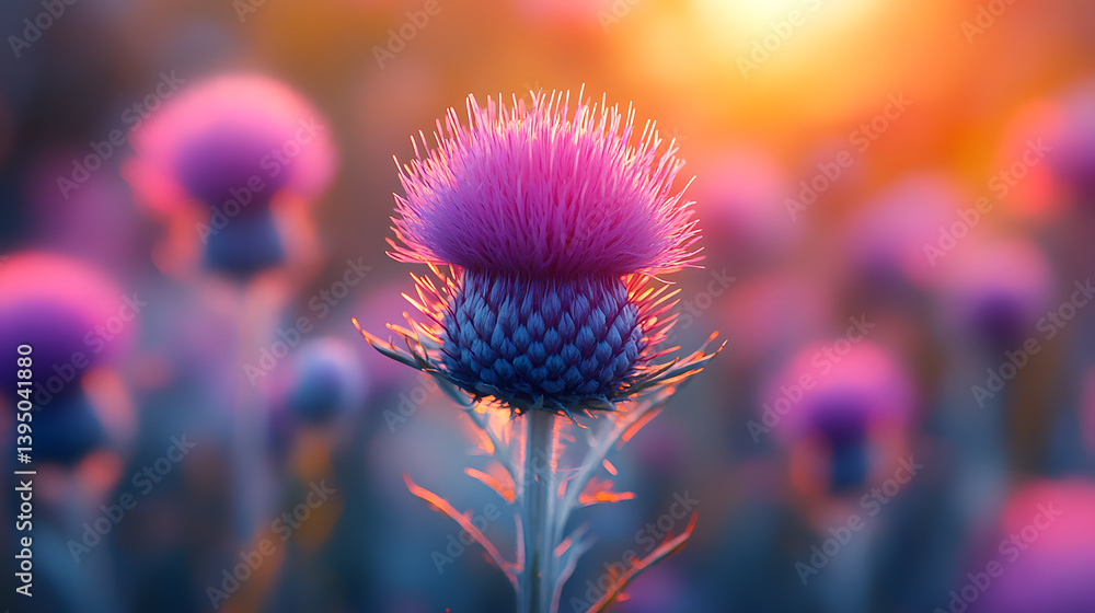 Photography capturing the fine hairs and vibrant purple color of a budding thistle, standing out against the muted tones of the garden background.