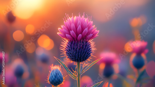 Obraz na płótnie Photography capturing the fine hairs and vibrant purple color of a budding thistle, standing out against the muted tones of the garden background. w salonie