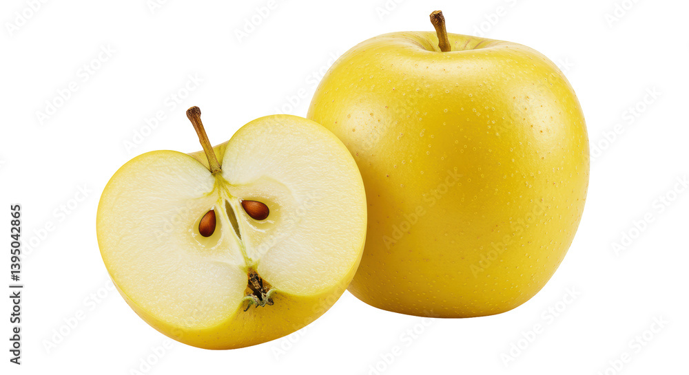 Isolated Golden Delicious Apple with Cut Half Revealing Seeds Isolated Golden Delicious Apple with Cut Half Revealing Seeds