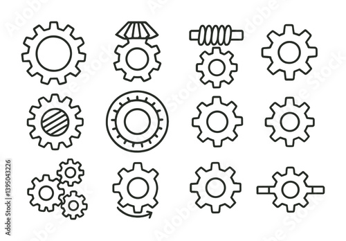 Mechanical gear icons set: precision engineering and mechanics in linear style