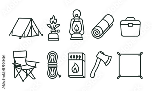Camping essentials icon set: linear style for outdoor adventure resources