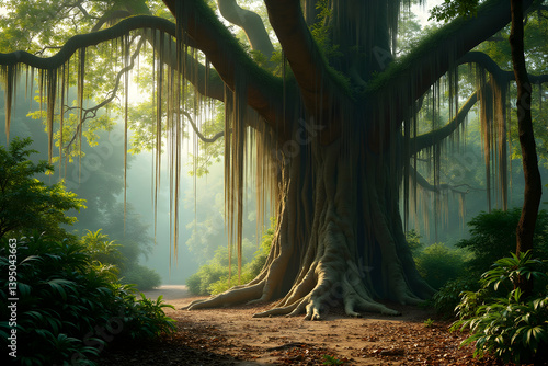 Obraz na płótnie Enchanting view of a majestic giant banyan tree, with its sprawling roots and hanging aerial roots creating a mystical ambiance in lush greenery forest path w salonie