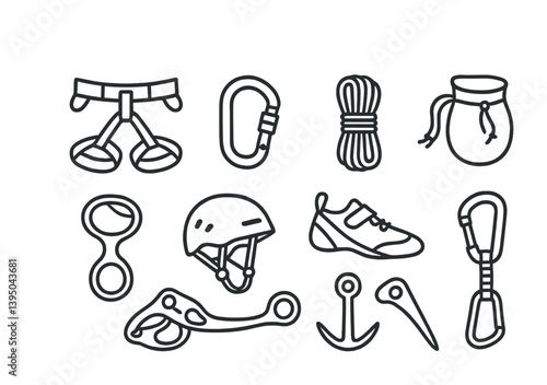 Linear rock climbing equipment icons set for adventure and outdoor safety