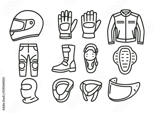 Essential motorcycle gear icons set: helmets, gloves, jackets, and more in linear style