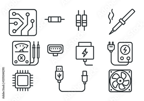 Linear electronics components icons set: circuit board, resistor, soldering iron & more