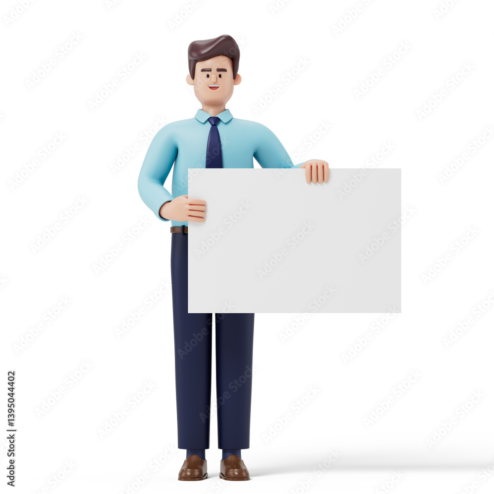 Man holding a blank sign, symbolizing potential for new ideas or announcements. 3D rendering, conceptual image. Isolated on white background. Man holding a blank sign, symbolizing potential for new ideas or announcements. 3D rendering, conceptual image. Isolated on white background.