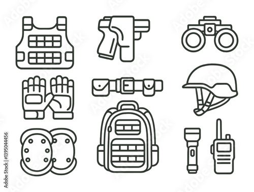 Tactical gear icons set: linear style featuring vest, holster, helmet, and more
