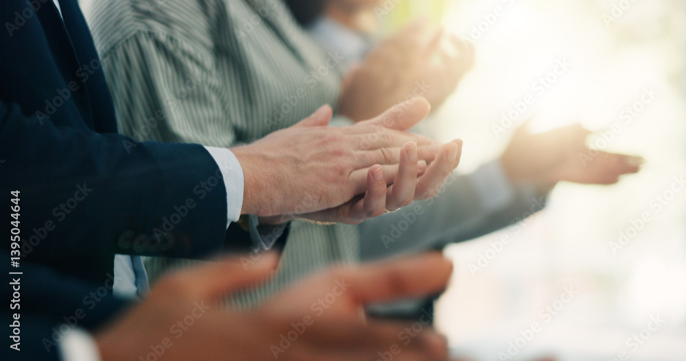 Obraz premium Applause, celebration and business people in office with goal, achievement or success. Collaboration, teamwork and group of financial advisors with clapping hands for target, solidarity or unity.