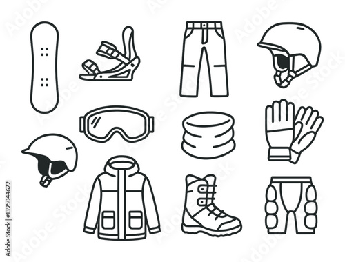 Winter sports gear icon set: essential equipment for skiing and snowboarding
