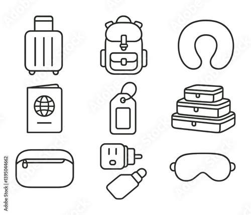 Travel essentials icons - linear style icon set for packing and journey