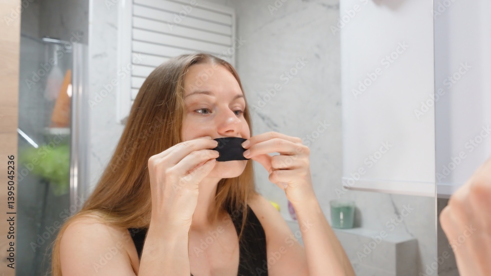 © Provokator - Woman with Long Brown Hair Applying Black Breathable Mouth Tape While Looking in Mirror from Front Angle in Bathroom, Anti Mouth Breathing Concept