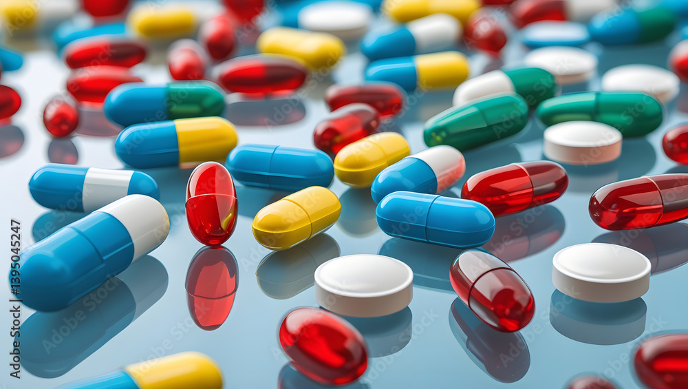Medication Array: A visually engaging array of various colorful medications, pills and capsules. The arrangement emphasizes the diversity and abundance of pharmaceutical options. Medication Array: A visually engaging array of various colorful medications, pills and capsules. The arrangement emphasizes the diversity and abundance of pharmaceutical options.