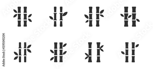 Bamboo plant icon set. Vector glyph pictograms of bamboo stalk, leaf, fabric, nature, ecology, and sustainability concept black silhouette illustration.