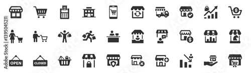 Shopping, retail icon set. Vector glyph pictograms of store, cart, cashier, bag, storefront, e-commerce, business, marketplace management black silhouette illustration.