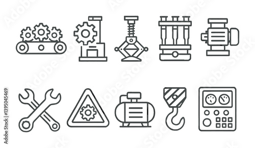 Industrial equipment icons set: minimalist linear style for machinery visualization