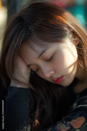 A serene image of a young woman resting her head, embodying peace, contemplation, and beauty.