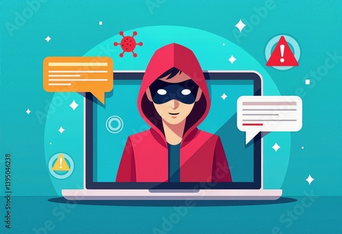 Laptop Under Attack: A Cartoon Vector Illustration Depicting a Hacker on a Laptop Screen with Virus Icons & Alert Symbols, set Against a Bright Blue Background, Illustrating the Importance of Cybersec