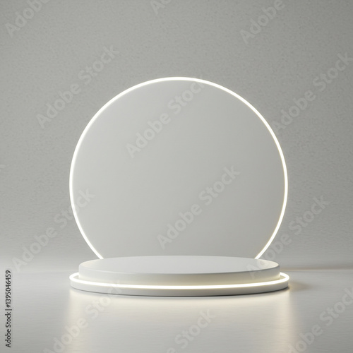 White round podium display stand with glowing white neon ring arch against plain light grey background. Empty minimalist stage showcase presentation scene.