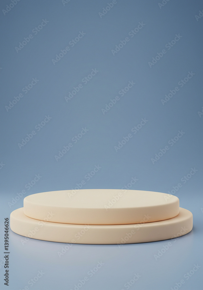Round beige podium display stand on reflective surface against plain light blue wall background. Empty minimalist stage presentation showcase design scene. Round beige podium display stand on reflective surface against plain light blue wall background. Empty minimalist stage presentation showcase design scene.