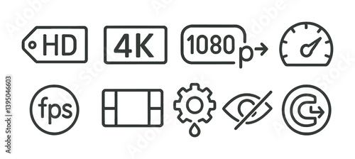 Linear style video quality and settings icon set for digital media interfaces
