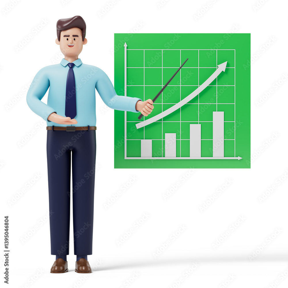 A man points to a green chart with a rising arrow and bar graph, symbolizing growth, progress, or success in business. 3D rendering, conceptual image. Isolated on white background. A man points to a green chart with a rising arrow and bar graph, symbolizing growth, progress, or success in business. 3D rendering, conceptual image. Isolated on white background.