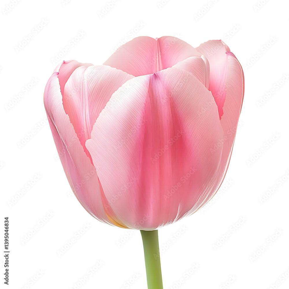 A pink tulip flower with delicate textured petals and a pale green stem leaning slightly to the side illustrated against a transparent background in botanical style