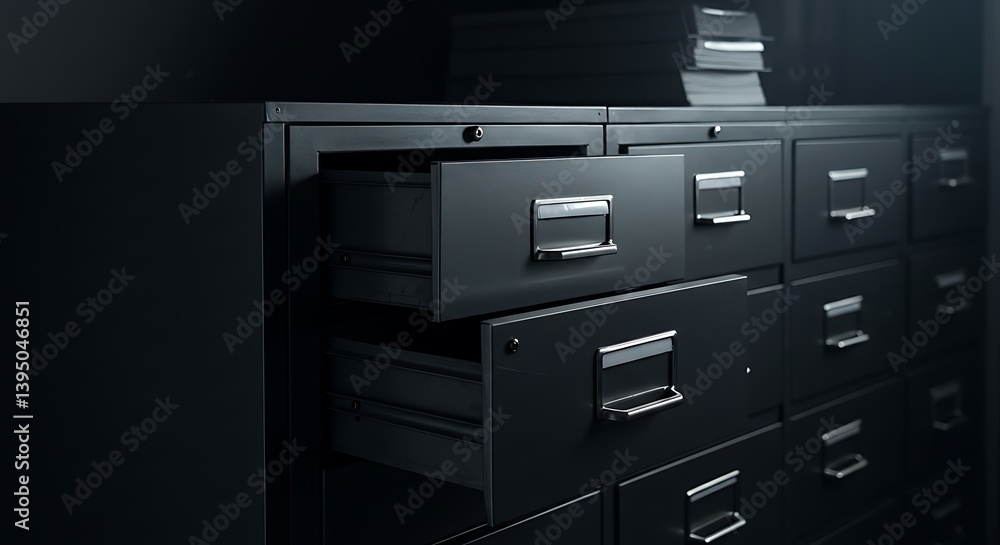 Organized Filing Cabinet with Open Drawers in a Dark Office Setting Organized Filing Cabinet with Open Drawers in a Dark Office Setting