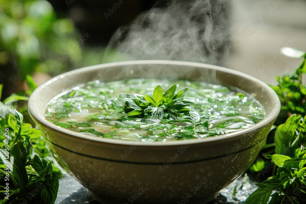 bowl of steaming hot soup filled with fresh herbs, creating warm and inviting atmosphere bowl of steaming hot soup filled with fresh herbs, creating warm and inviting atmosphere