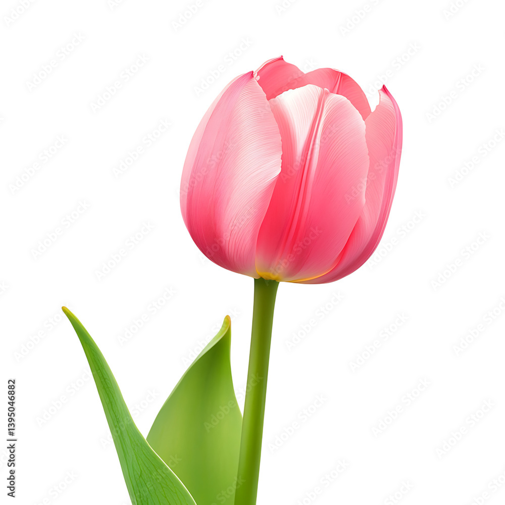 A pink tulip flower with delicate textured petals and a pale green stem leaning slightly to the side illustrated against a transparent background in botanical style
