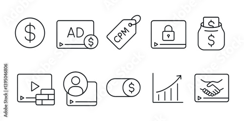 Monetization and advertising linear icons set: dollar, ad, cpm, security, growth