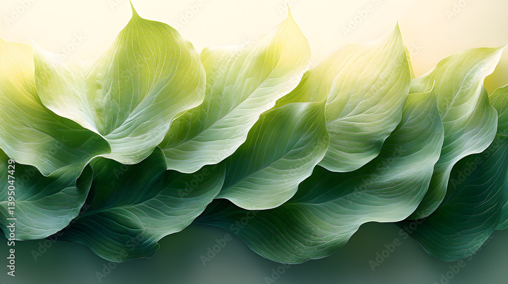 A beautifully detailed photography of a bright green hosta leaf, its rippled texture and delicate striations lit by dappled sunlight.