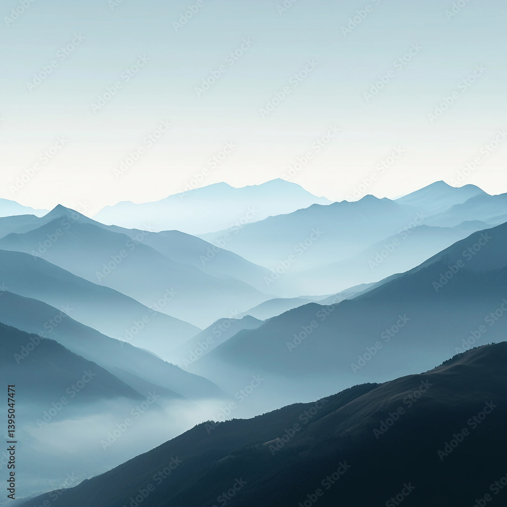The mountains are covered in a thick layer of fog, creating a serene The mountains are covered in a thick layer of fog, creating a serene