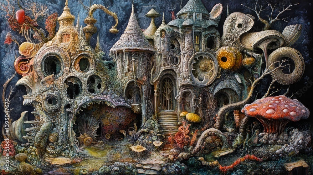 Fototapeta premium Whimsical surreal fantasy landscape with buildings and vegetation in a dark setting.
