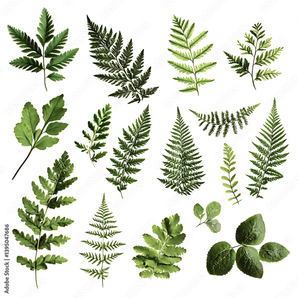A collection of variously shaped and colored autumn leaves in shades of yellow green red and purple displayed in two rows on a transparent background for botanical use