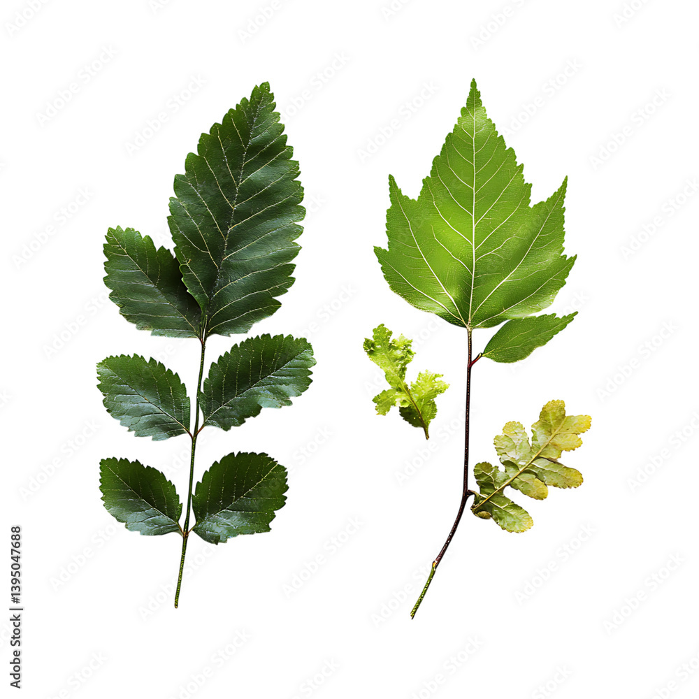 A collection of variously shaped and colored autumn leaves in shades of yellow green red and purple displayed in two rows on a transparent background for botanical use