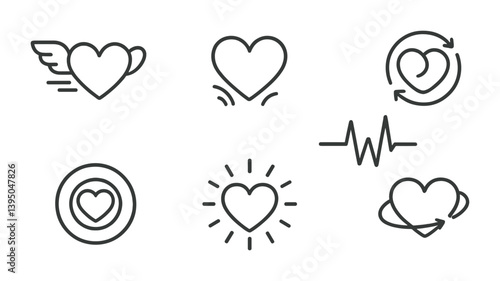 Linear heart icon set: collection of 6 minimalist love and romance designs