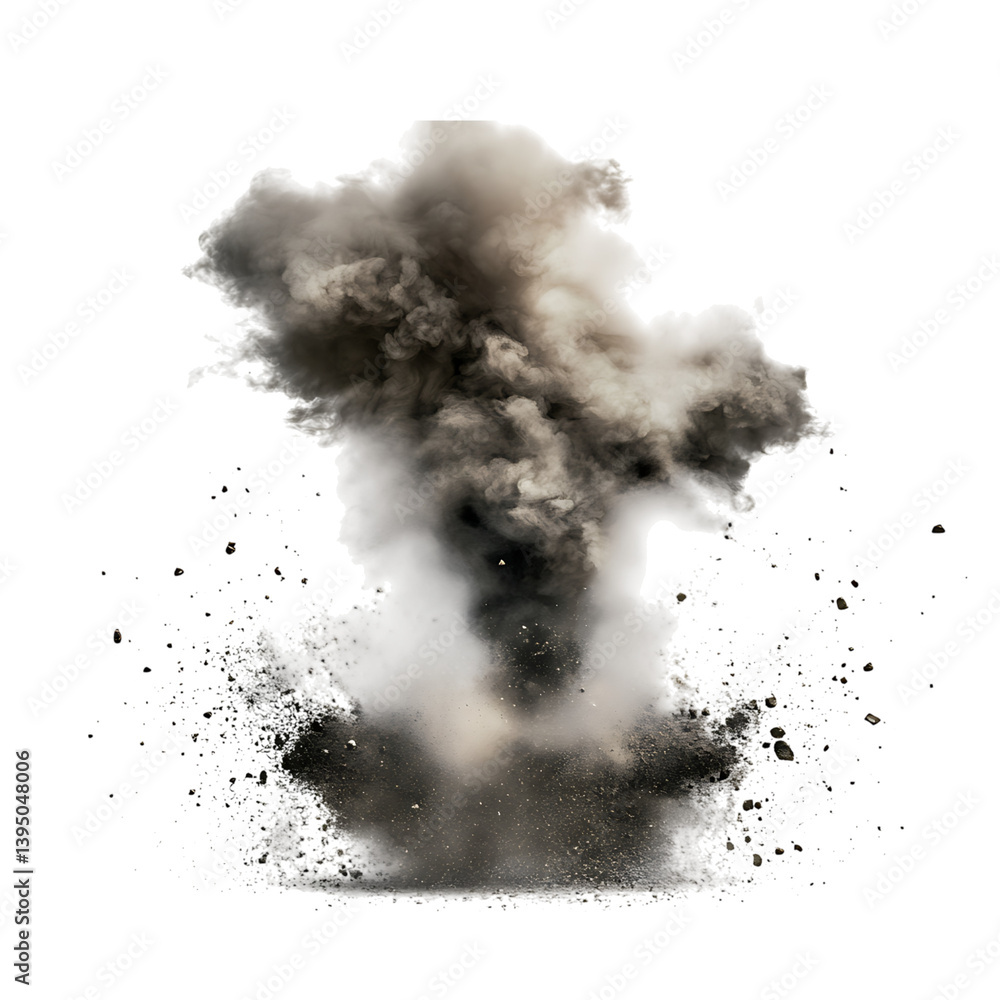 A dynamic burst of brown dust and debris particles suspended in mid-air creating a smoky cloud effect on a transparent background with flying granules and powder