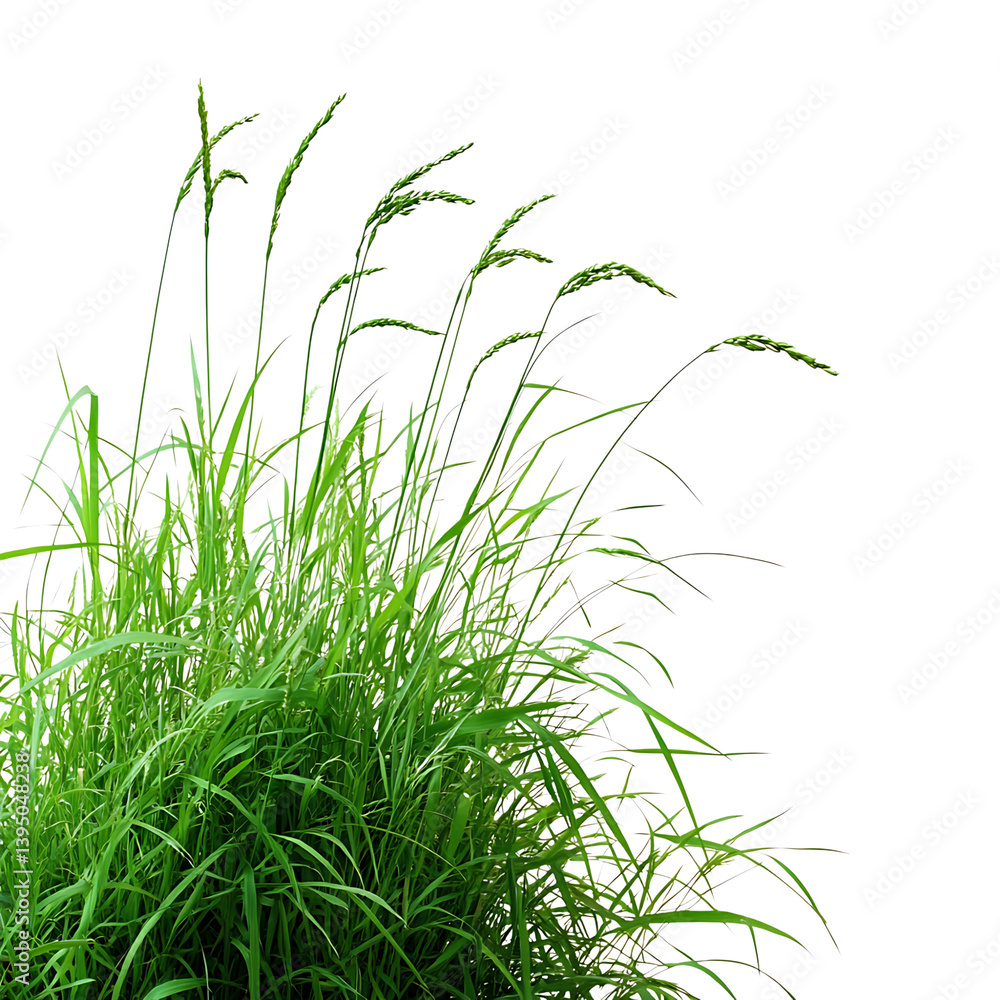 A thick bunch of tall green grass blades growing upward with some flowering tops illustrated on a transparent background representing natural wild vegetation
